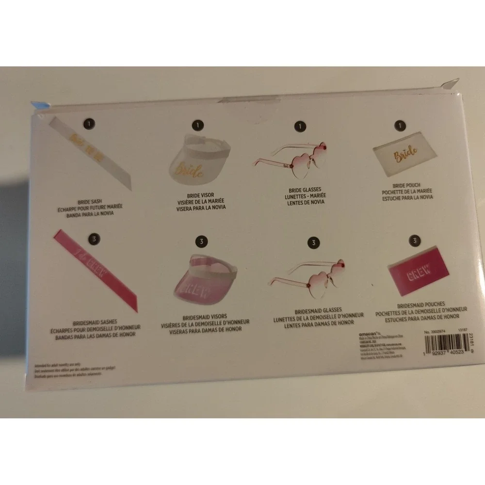 18 Pc Bachelorette Party 4 Person Kit (glasses sashes visors pouches white pink)